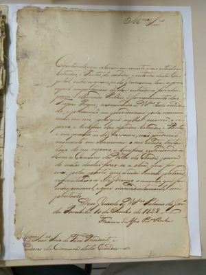 O Presidente da Província, Francisco de Assis Pereira Rocha, notifica a Câmara da Parahyba acerca do mal estado das estradas e pontes, em especial da ponte de Gramame, que pode dificultar o abastecimento de farinha do Mercado e das Tropas Pagas da Cidade. 