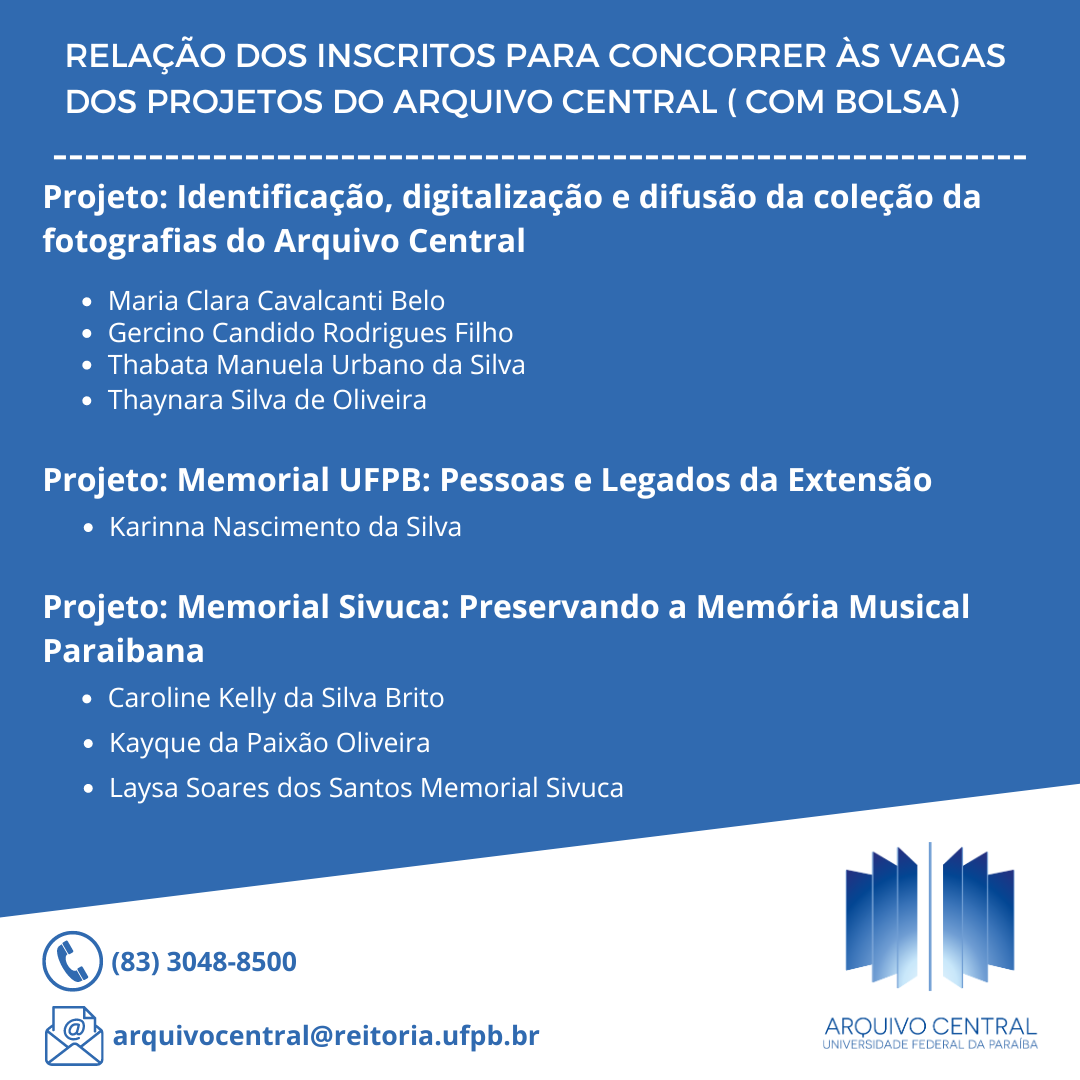 ELAÇÃO DOS INSCRITOS PARA CONCORRER ÀS VAGAS DOS PROJETOS DO ARQUIVO CENTRAL ( COM BOLSA)